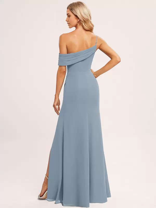 Back view of A-line V-neck chiffon floor-length bridesmaid dress with zipper closure.