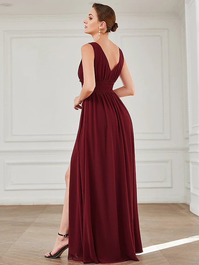 Side view of a model wearing the floor-length A-line evening dress.
