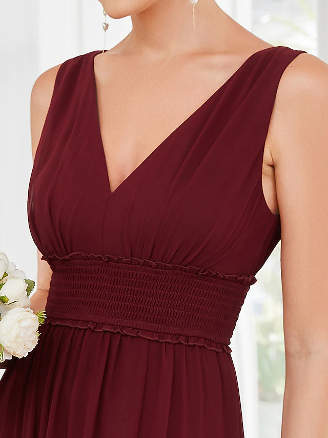 Back view of the sleeveless A-line chiffon gown.
