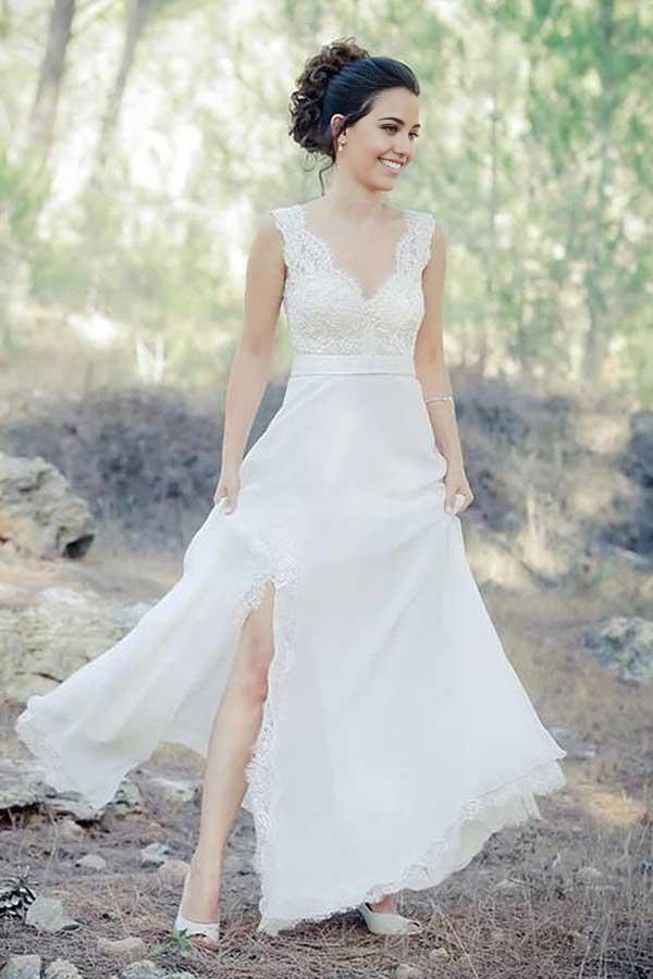 A-Line V-neck chiffon lace wedding dress with sweep train.