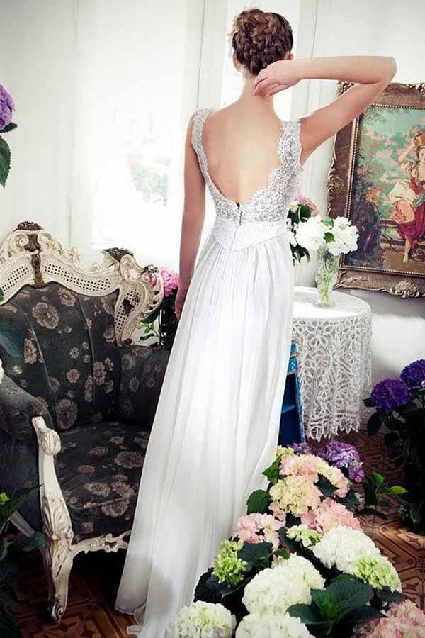 Back view of A-Line V-neck chiffon wedding dress with lace details.