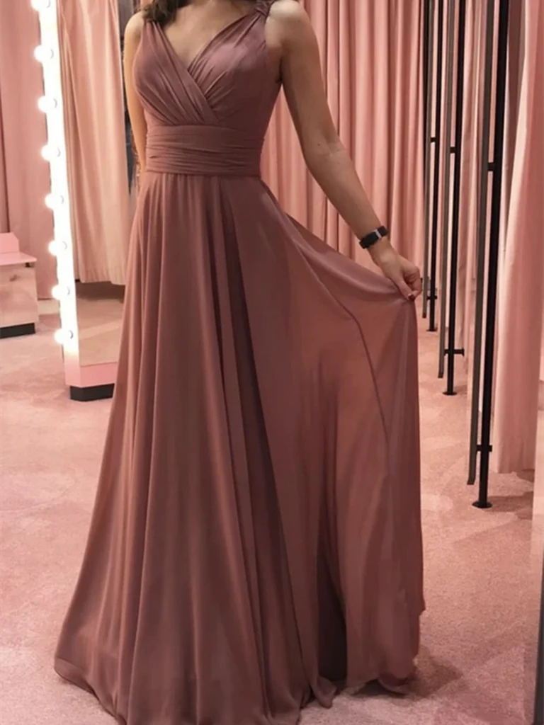 Elegant A-line V-neck chiffon long prom dress.