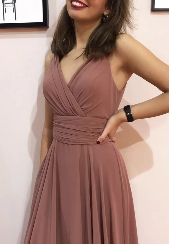 A-line V-neck chiffon long dress, side view.
