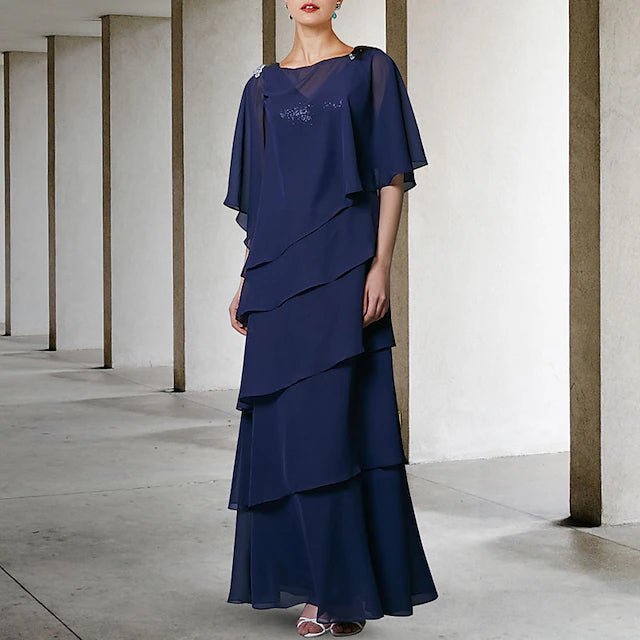 Side view of the floor-length chiffon Mother of the Bride dress.
