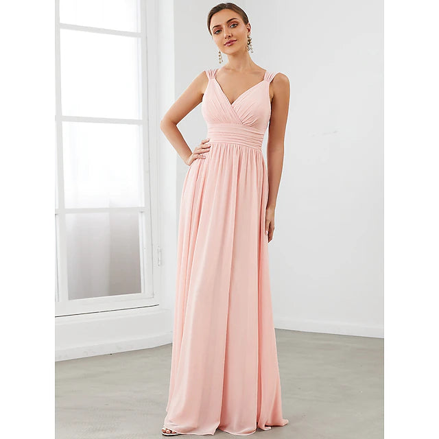 Elegant A-line V-neck sleeveless chiffon bridesmaid dress with tiered skirt.
