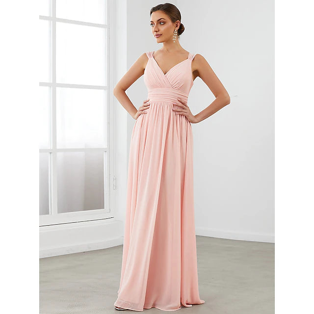 Back view of an A-line V-neck sleeveless chiffon bridesmaid dress.