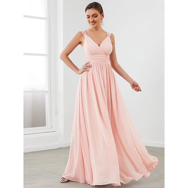 Side view of an A-line V-neck sleeveless chiffon bridesmaid dress.