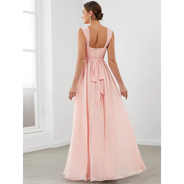 Close-up of the tiered chiffon skirt on an A-line bridesmaid dress.