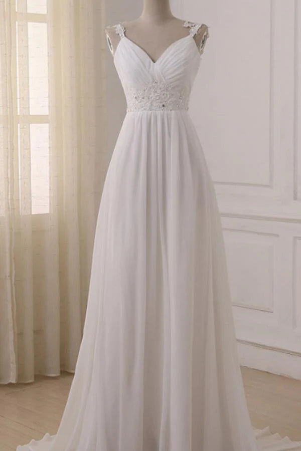 Elegant chiffon A-line wedding dress with V-neck and sweep train.