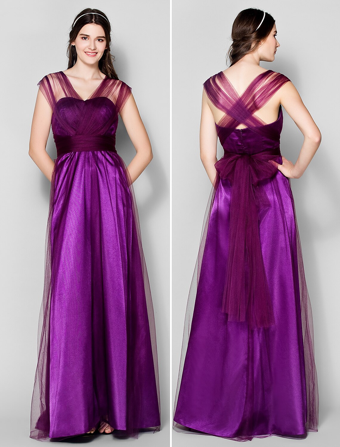 Close-up of the ruched detailing on the side of the tulle dress.
