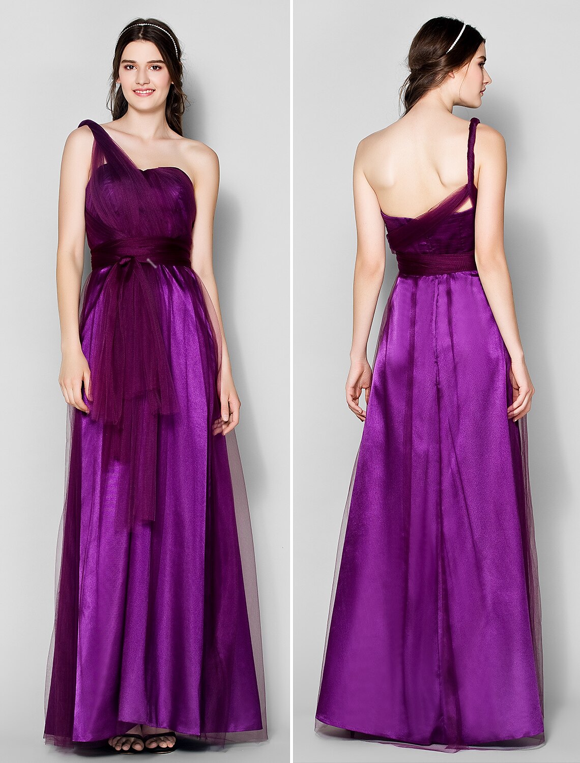 Bridesmaid dress showing the convertible strap styling options.