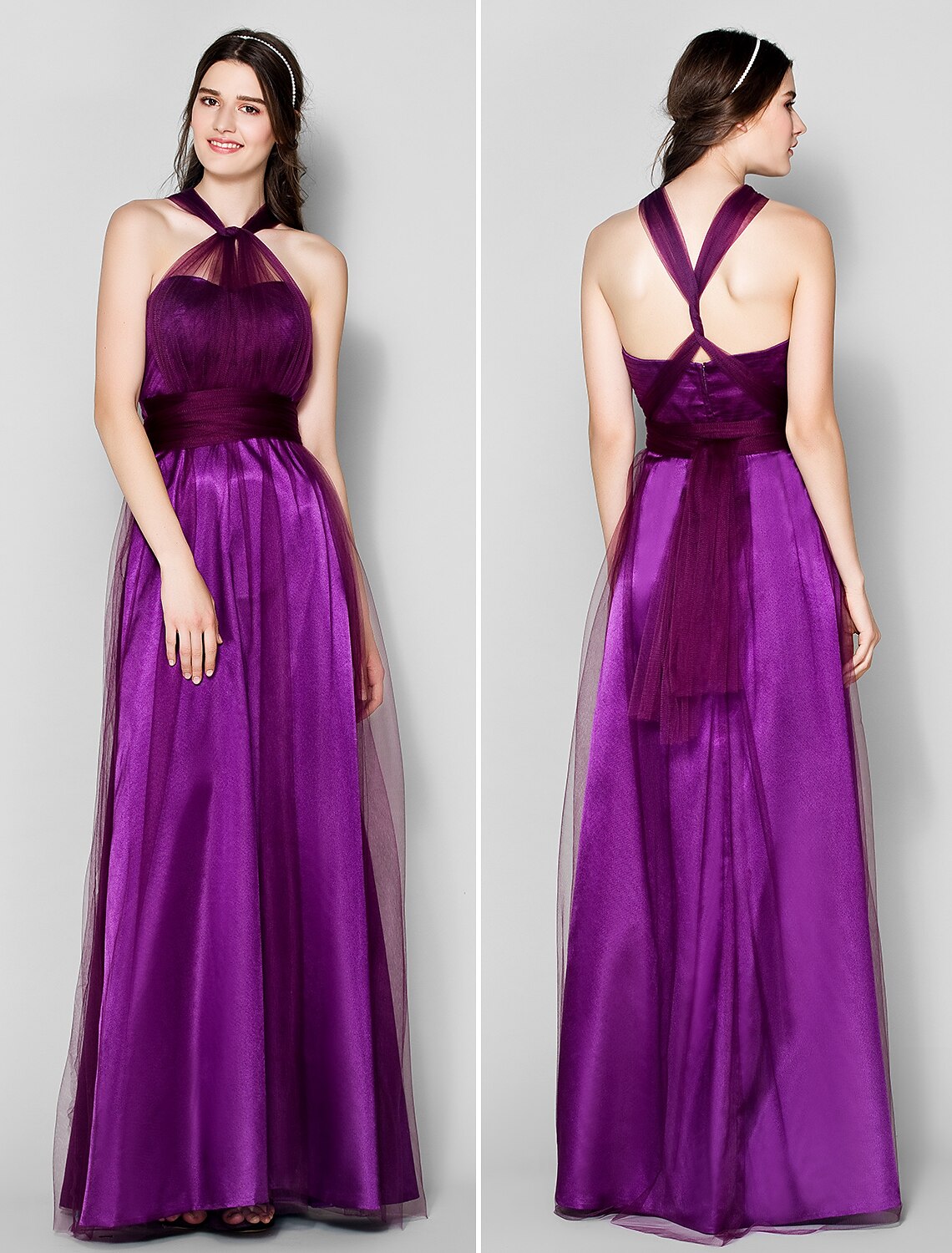 Full view of the sleeveless A-line tulle gown.