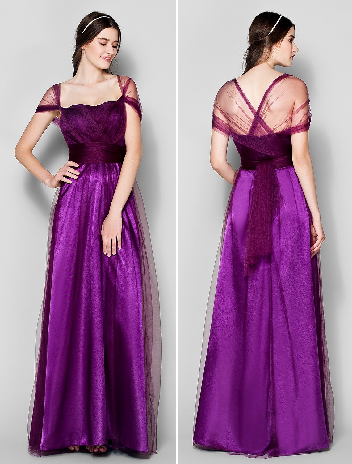 Side profile of the elegant floor-length bridesmaid dress.