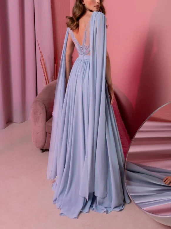 Back view of the A-Line V-Neck sleeveless floor-length evening dress.
