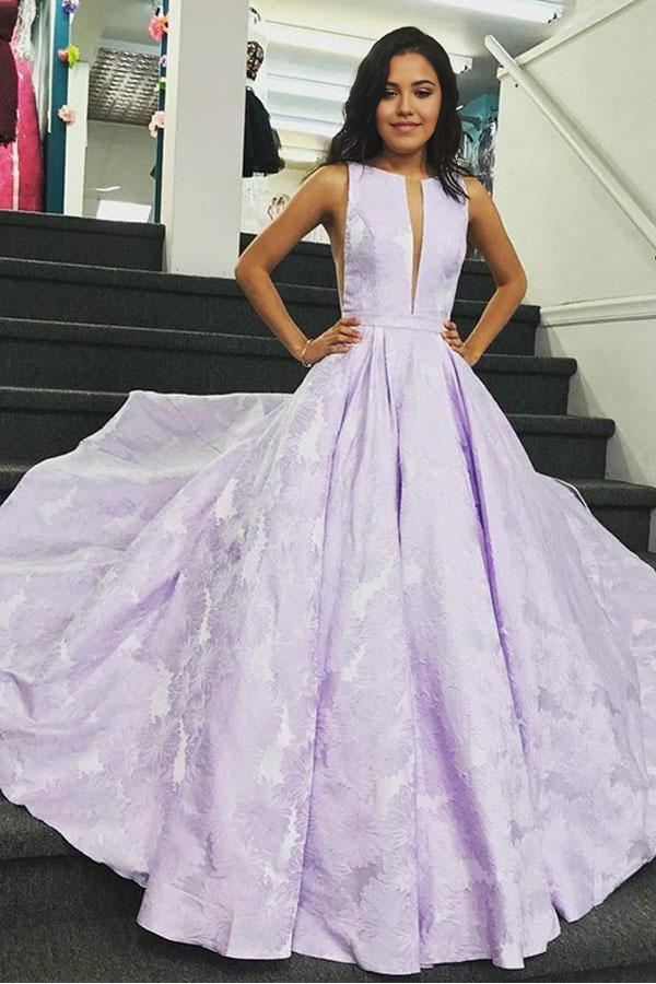 Lilac floral satin A-line prom dress with a V-neck and sweep train.