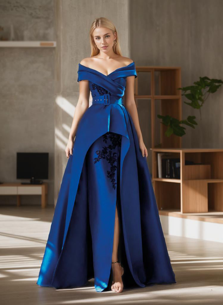 Woman wearing an elegant A-line V-neck sleeveless evening gown.
