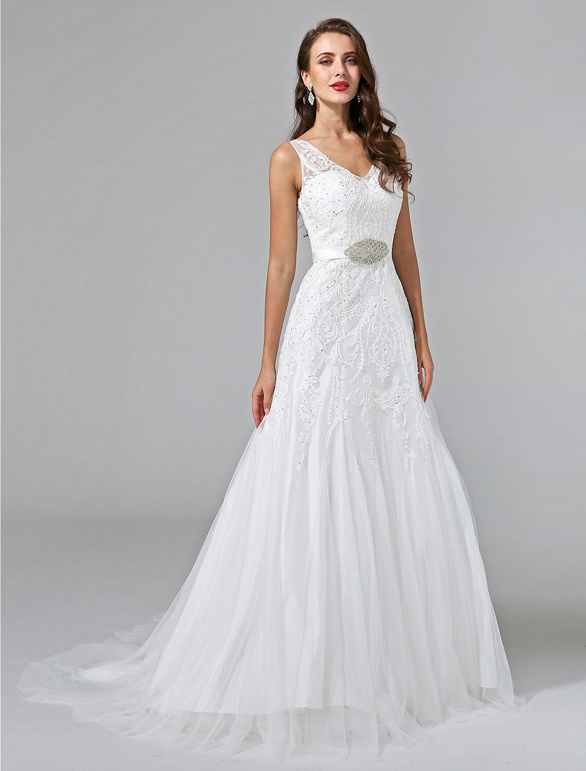 Elegant court train of the A-line wedding dress.