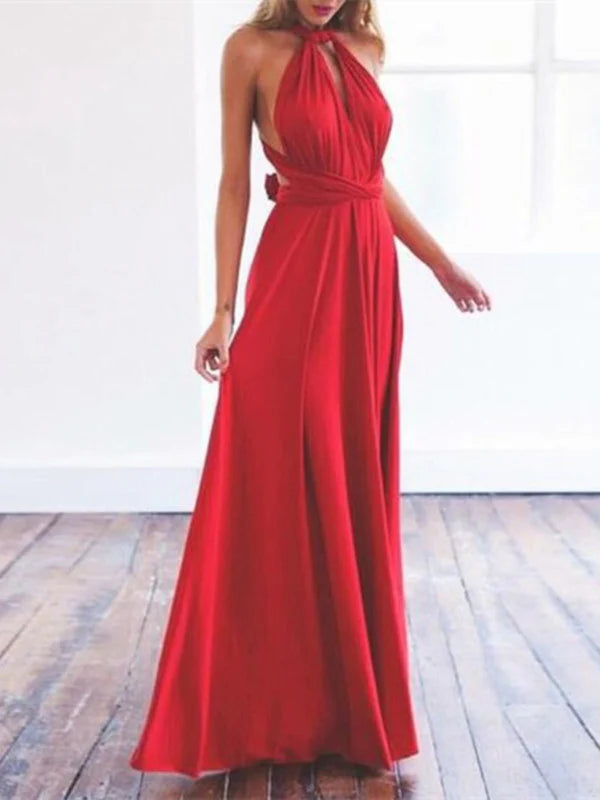 Elegant A-line V-neck long sleeveless dress in dark blue.