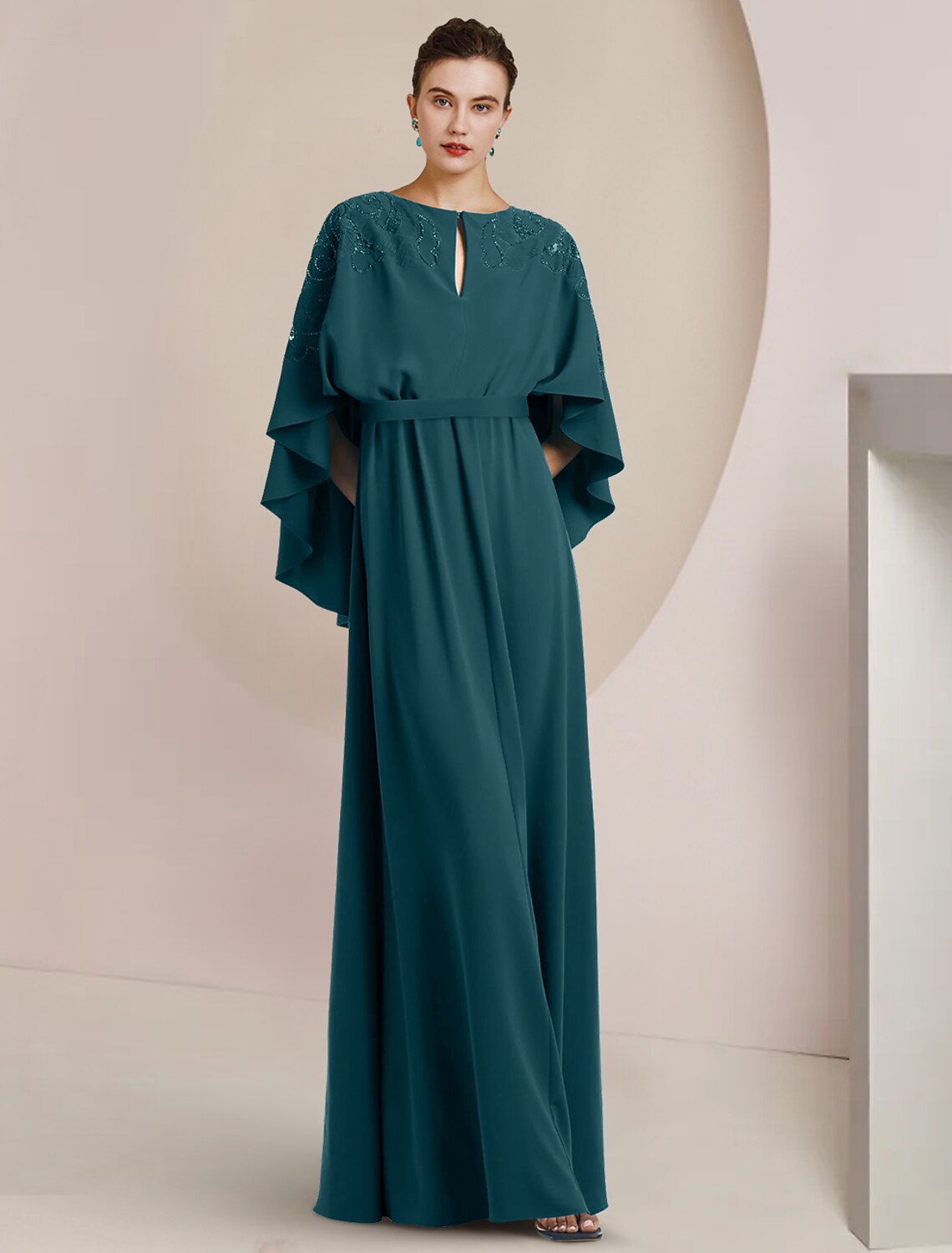 Back view of the A-Line Mother of the Bride dress showing floor length.