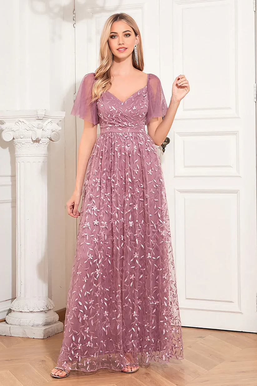 Full view of the elegant A-line Mother of the Bride dress with V-neck and appliques.