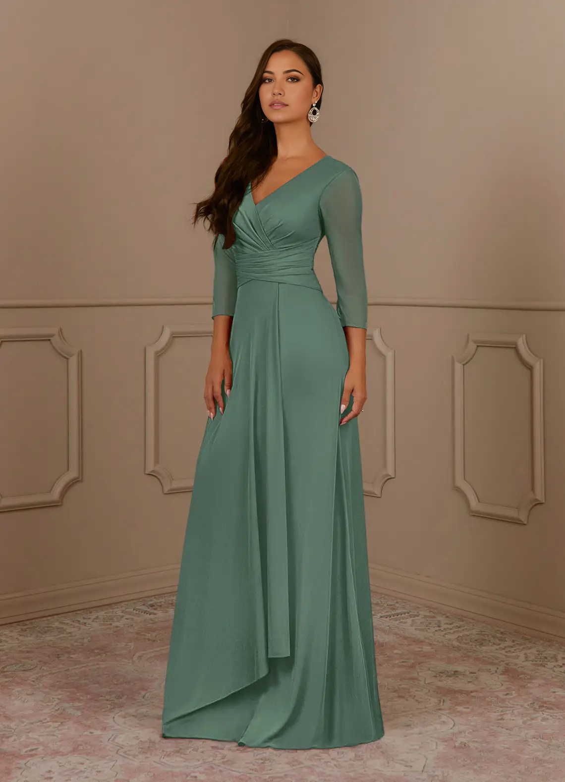 Elegant A-Line V-Neck pleated formal gown.