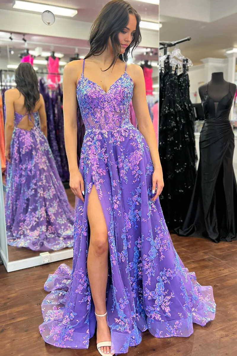Elegant purple A-line prom dress with V-neck, sequins, lace, and tulle details.