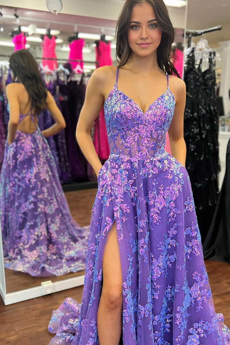 Full view of the purple sequin and lace tulle A-line V-neck prom dress.