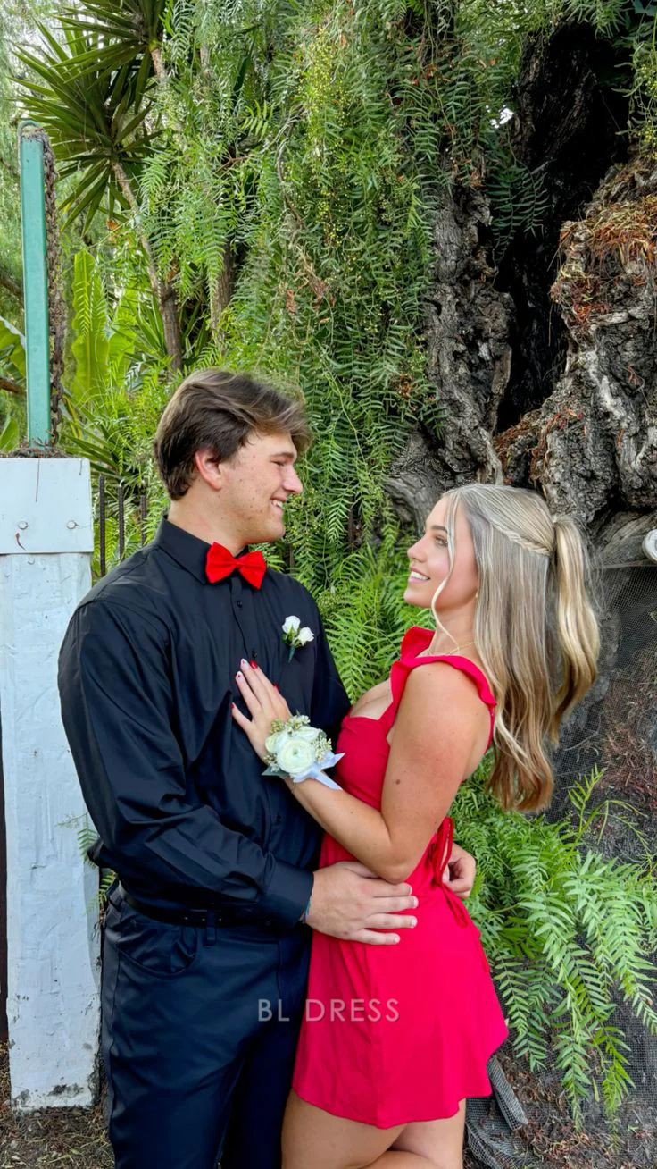 Red A-line V-neck short formal dress.