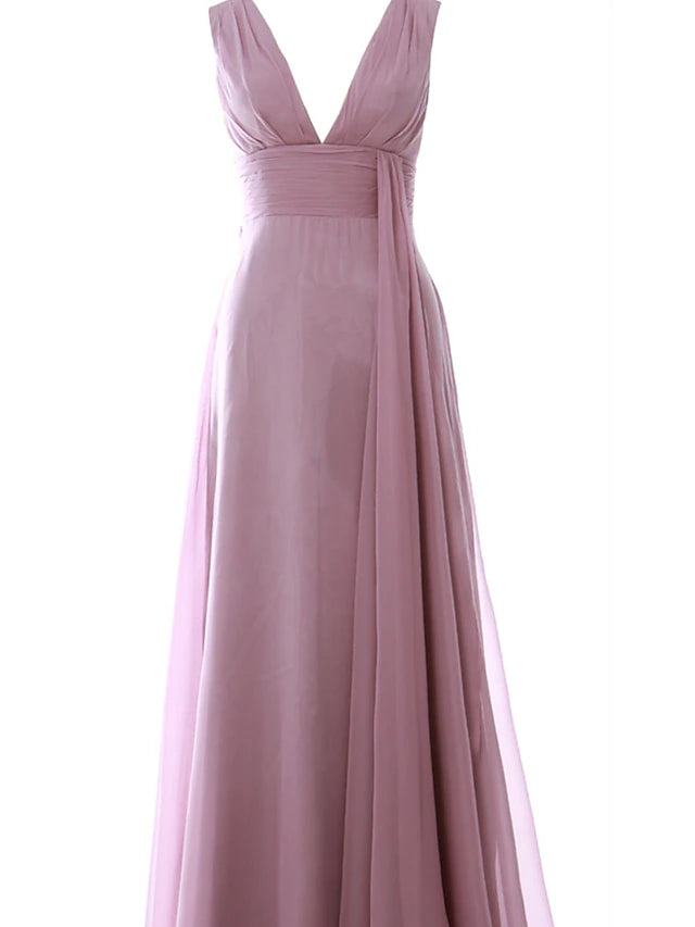 Elegant A-line V-neck sleeveless chiffon floor-length dress with ruched detailing.