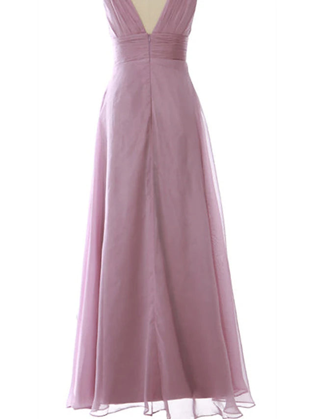 Side view of A-line V-neck chiffon dress, highlighting the floor-length skirt.