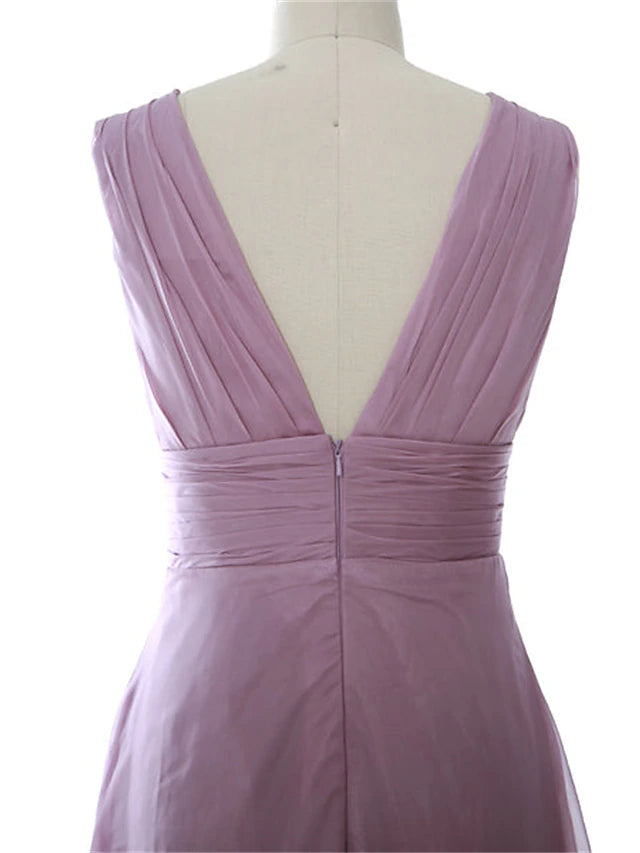 Back view of the elegant sleeveless V-neck chiffon dress.