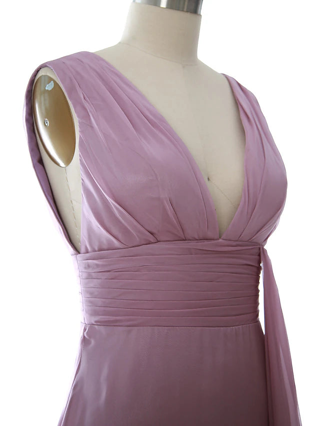 Close-up of ruched chiffon fabric on the elegant A-line dress.