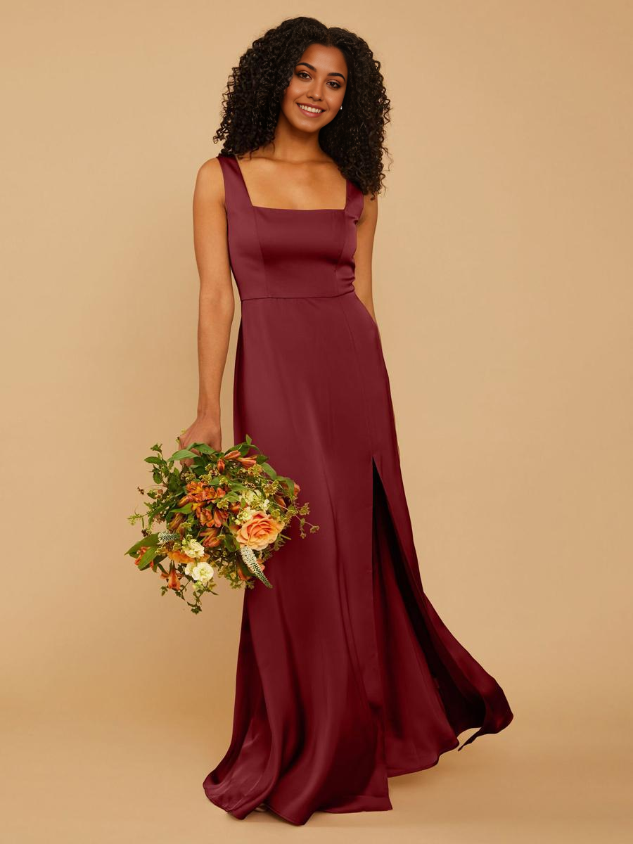 Back view of the floor-length satin formal dress with zipper.
