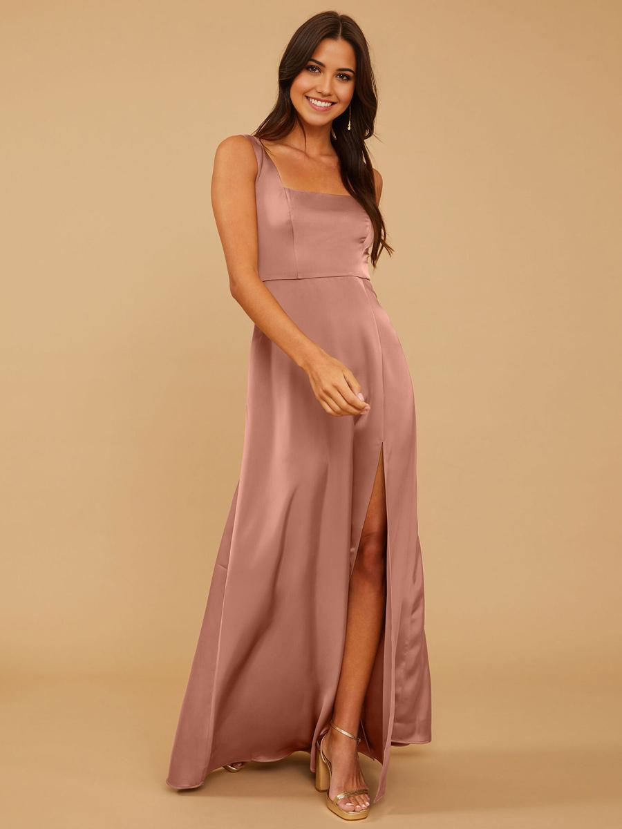 Side profile of the A-line satin V-neck evening gown.