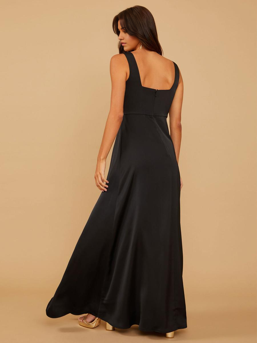Close-up of the V-neckline and smooth satin fabric.