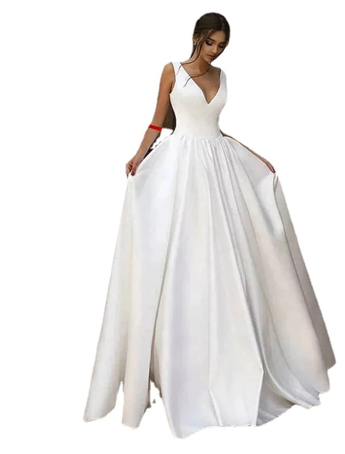 Floor-length A-line satin gown with V-neck and pleats, side view.