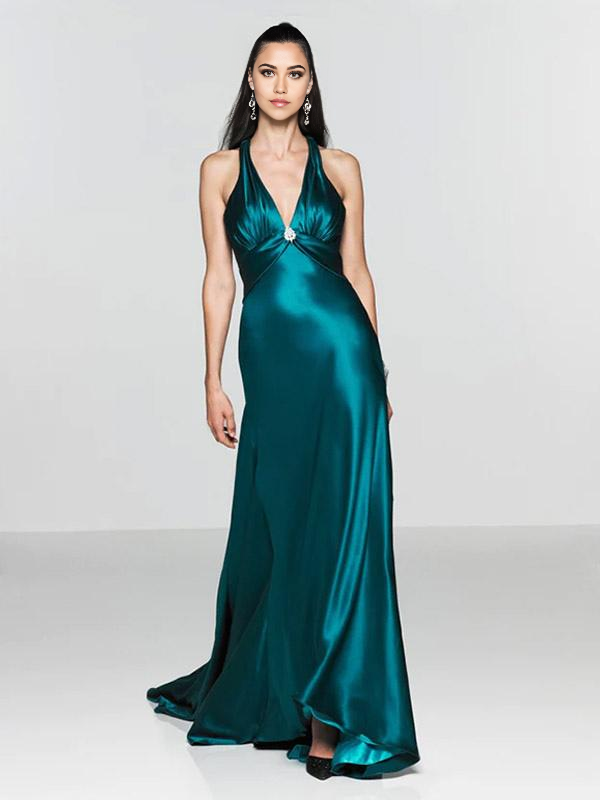 Elegant navy A-line V-neck satin formal gown.
