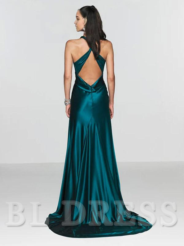 Navy A-line satin prom dress with V-neckline.