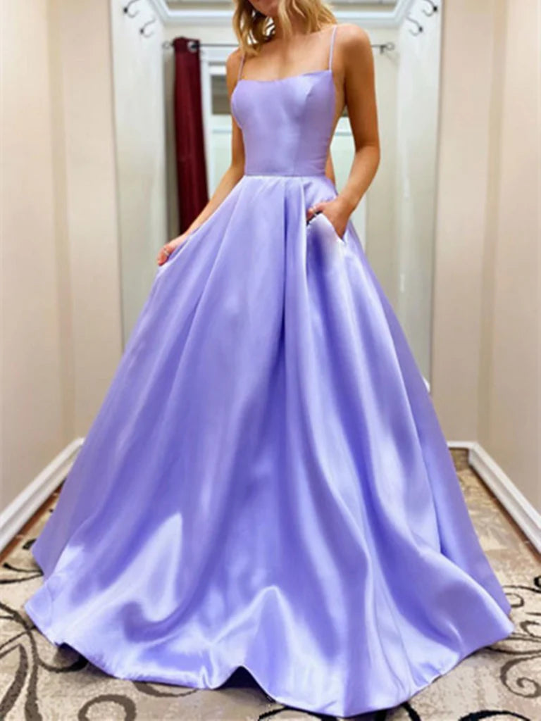 Elegant A-line V-neck sleeveless satin long formal dress.