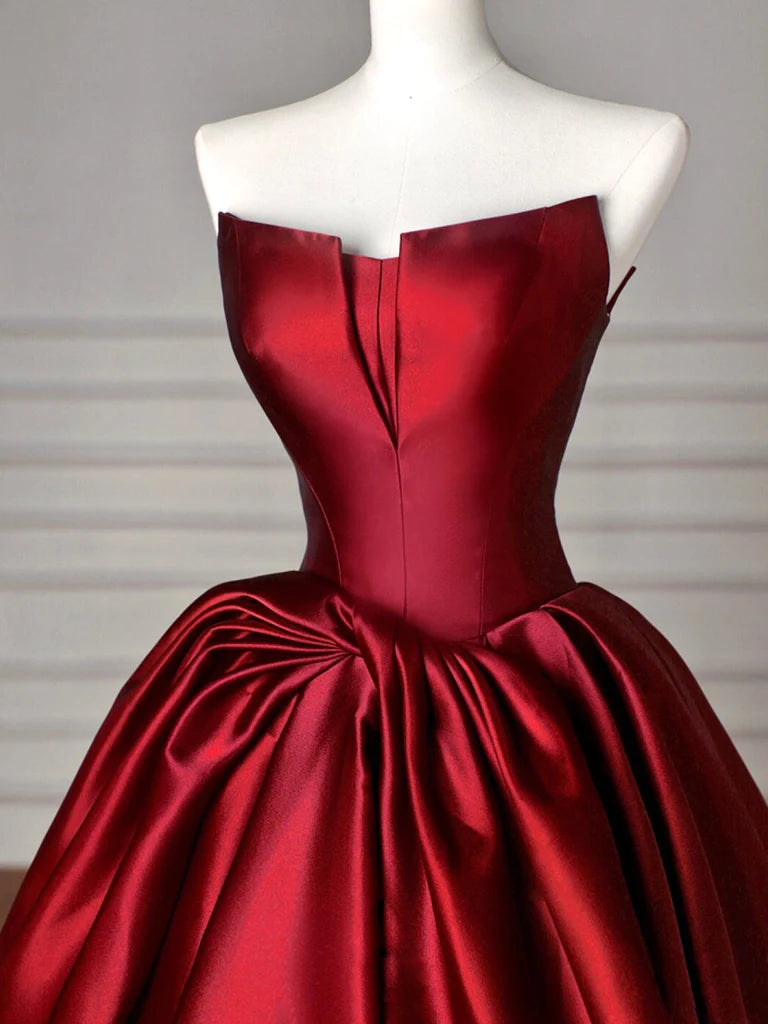 Side view of the elegant satin V-neck long prom dress, highlighting the silhouette.
