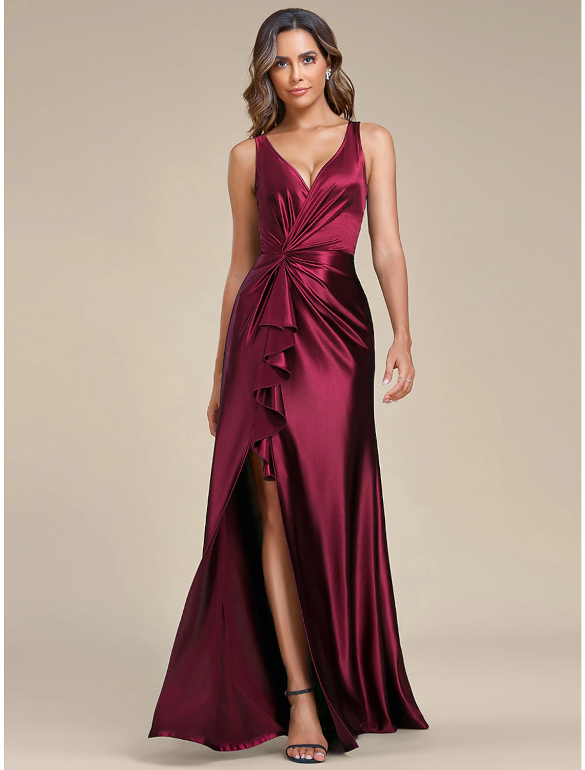 Elegant A-line satin V-neck dress with ruched details and a front slit.