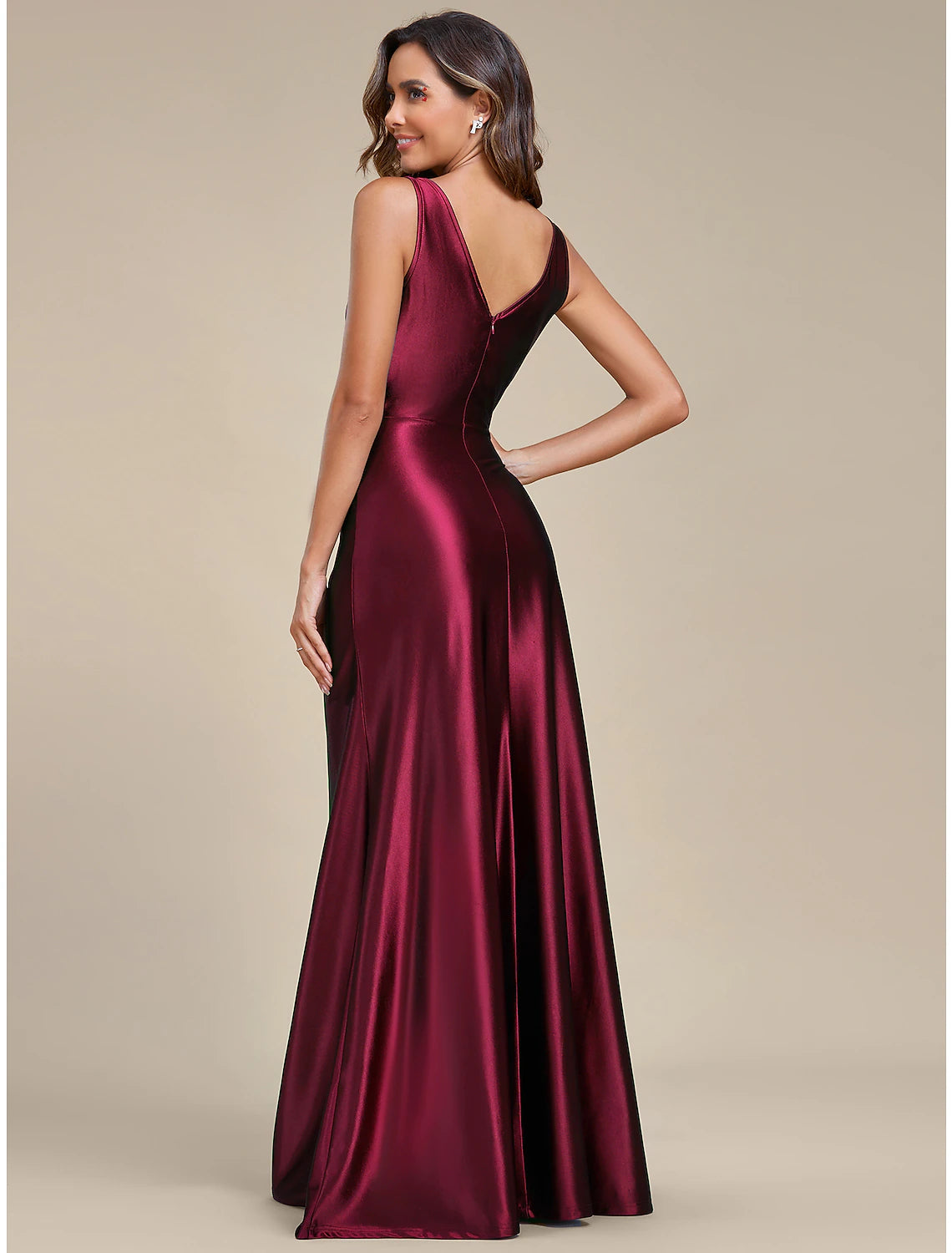 Back view of a sleeveless A-line satin formal dress with a sweep train.