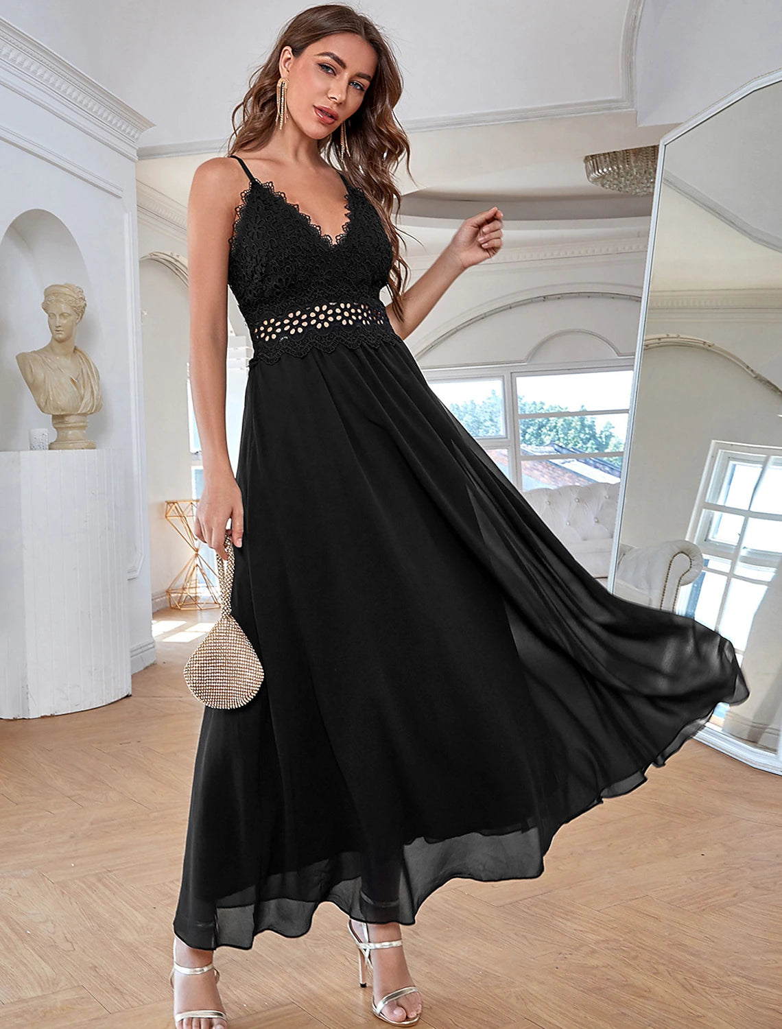 Elegant A-line V-neck sleeveless formal evening dress with sequin details.