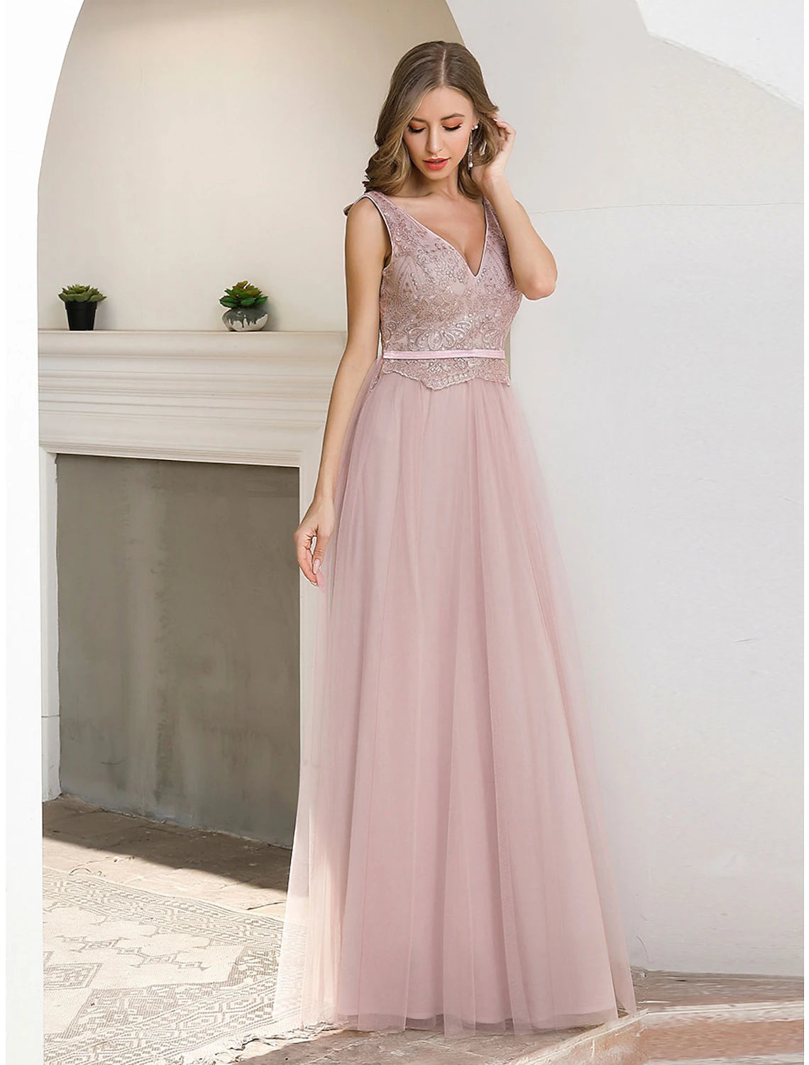 Model showcasing the elegant A-Line evening gown at a formal event.