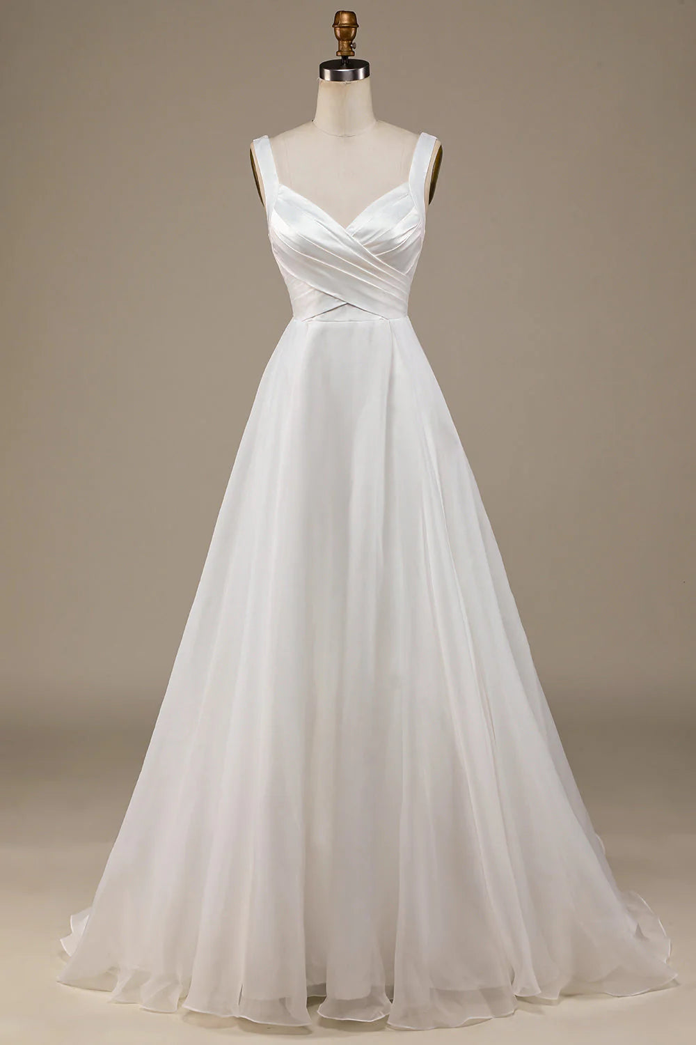 Elegant ivory A-line V-neck wedding dress with a sweep train.