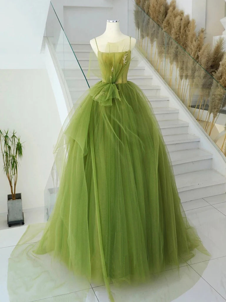 Green A-line tulle long prom dress.