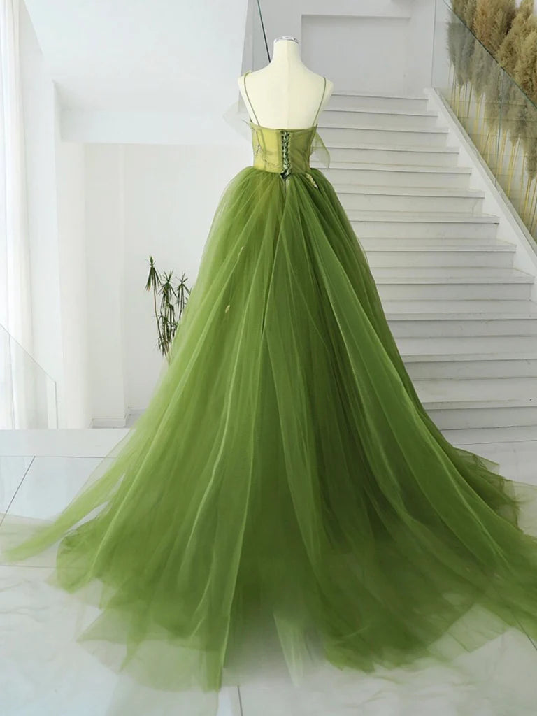 Green A-line tulle long prom dress with V-neck.