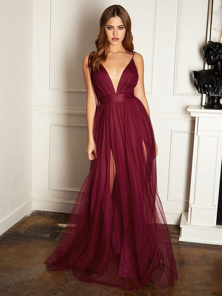 A-Line V-Neck Sleeveless Tulle Bridesmaid Dress in a studio setting.