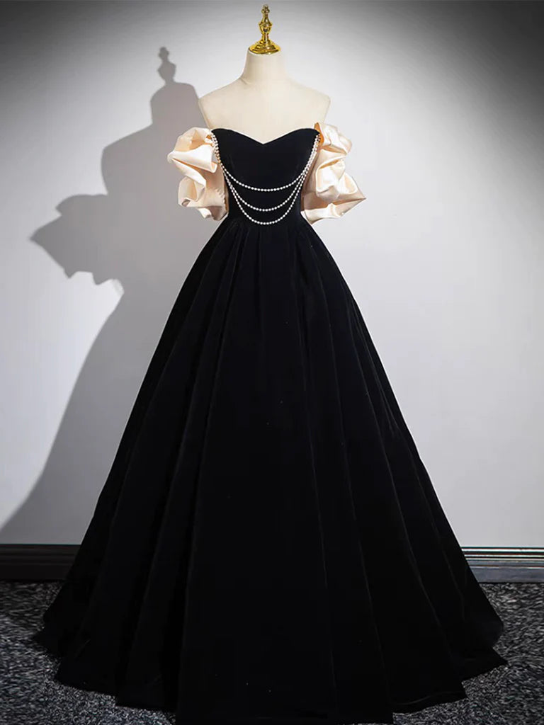 Black A-line velvet long prom dress.