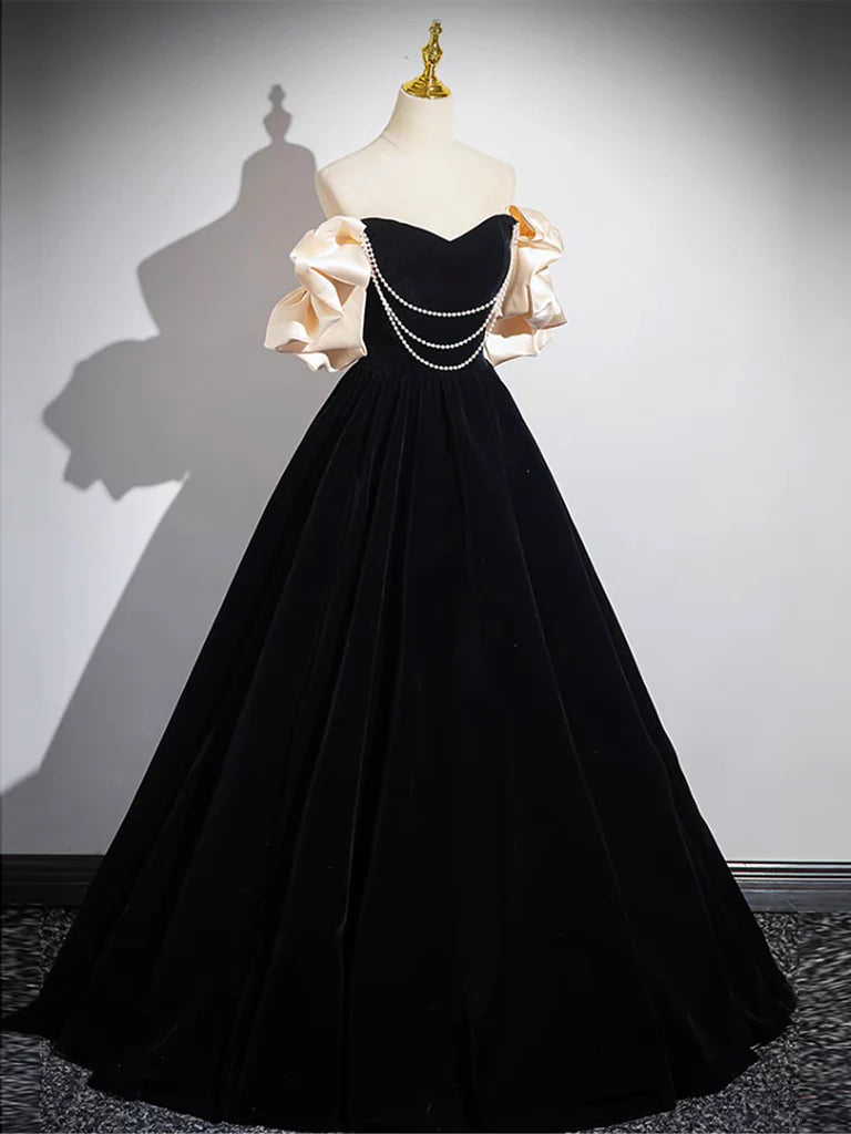 Elegant black velvet A-line prom dress.